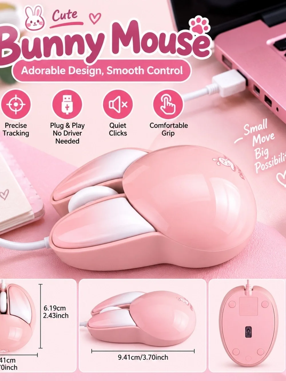 Cute Bunny Mouse Wired USB Computer Mouse - Pink Adorable Design